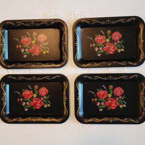 Vintage Collection of 4 Black Handpainted Mini Tole Tin Coaster Trays by Harvell